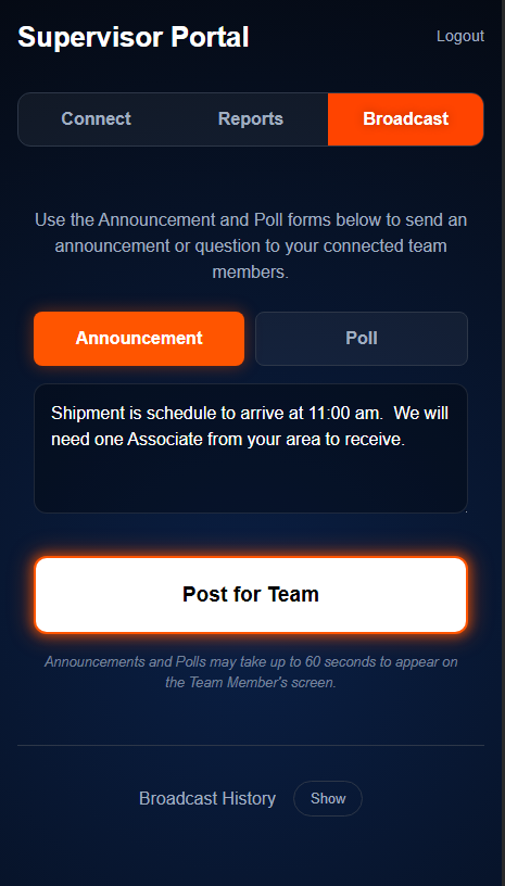 Broadcast App Screen